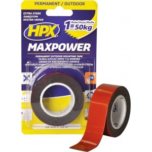 Лента клейкая двусторонняя HPX Maxpower Outdoor 25х1.1 мм черная, рулон 1.5 м в блистере 1/20
